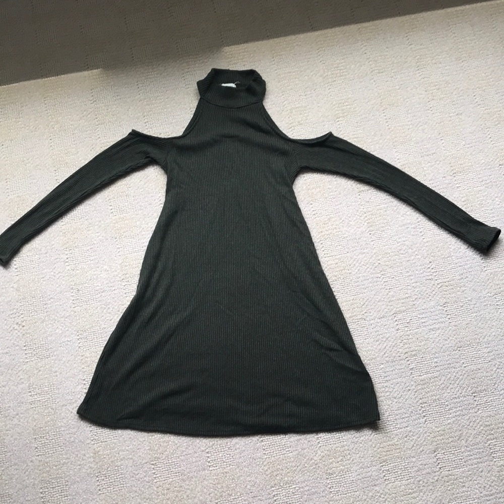 Dark Green Over-the-Shoulder Mock Neck Dress